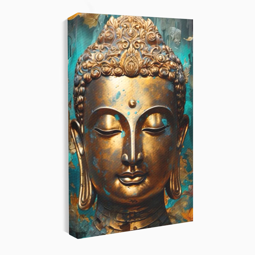 Tablou canvas cu tablou canvas cu capul lui buddha aurit, fara rama, pe sasiu de lemn
